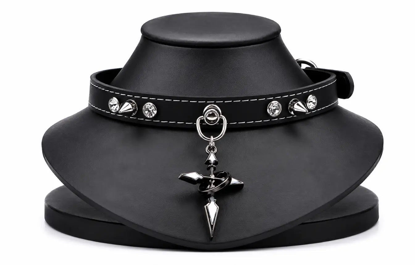 Spiked Cross Leather Choker Necklace