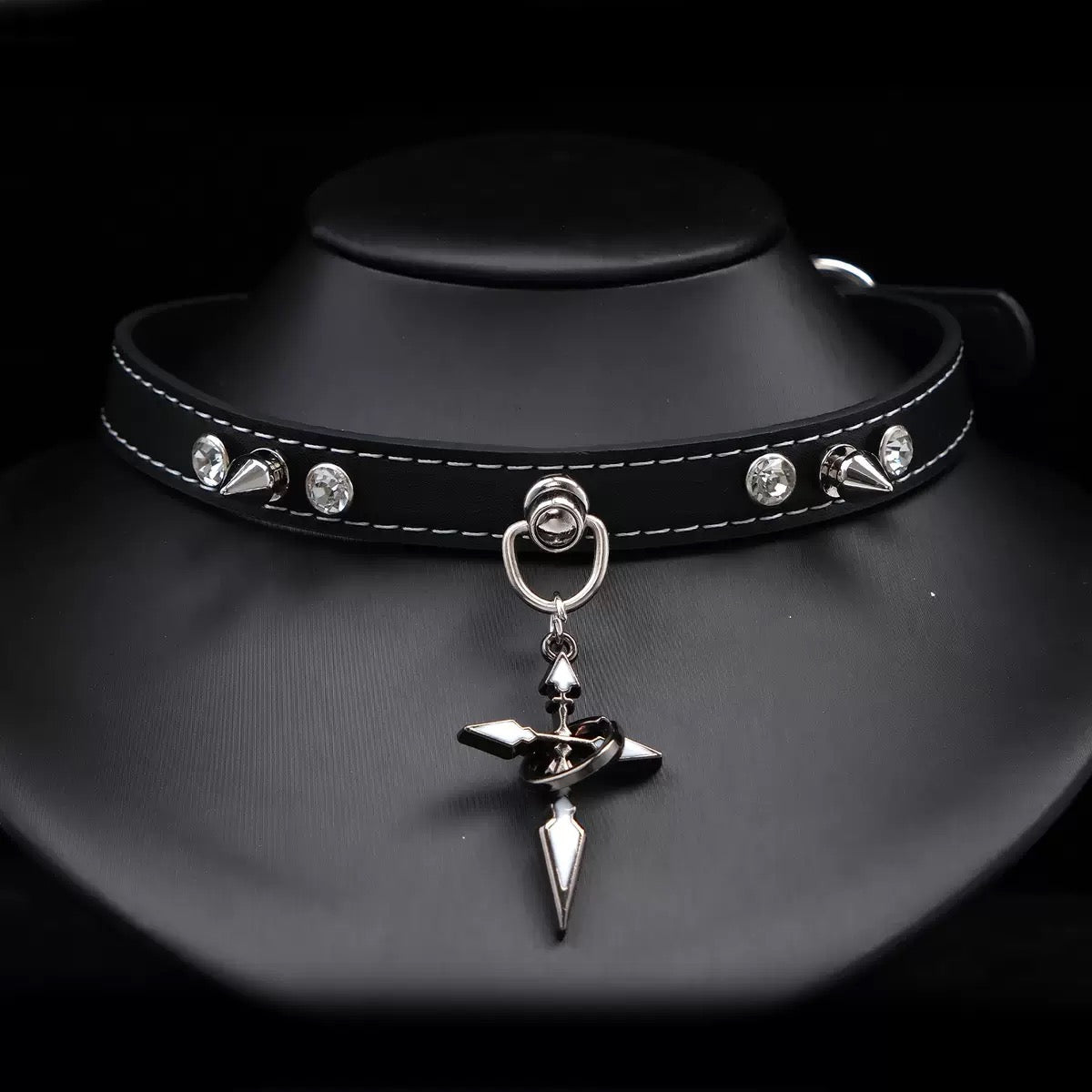 Spiked Cross Leather Choker Necklace