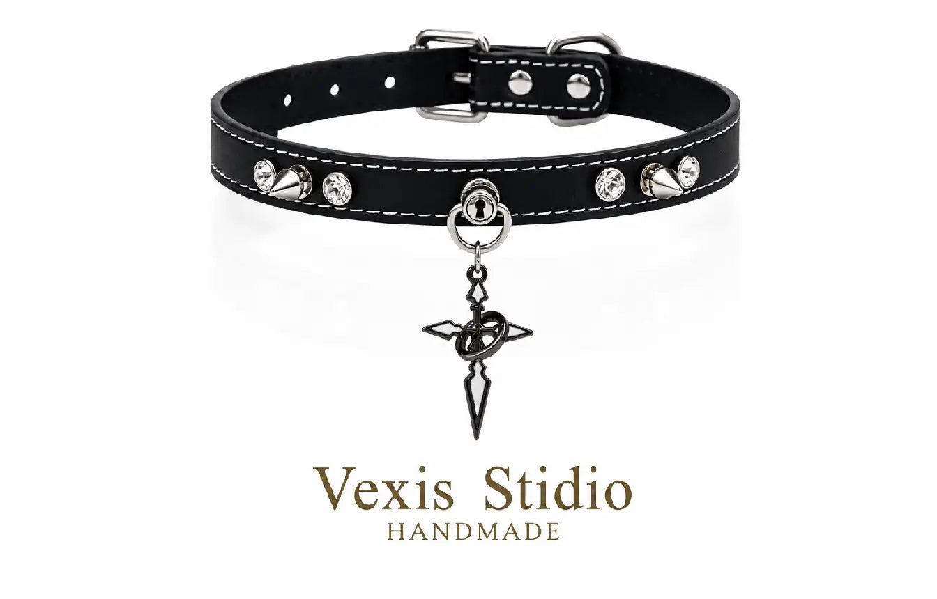 Spiked Cross Leather Choker Necklace
