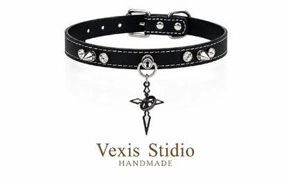 Spiked Cross Leather Choker Necklace