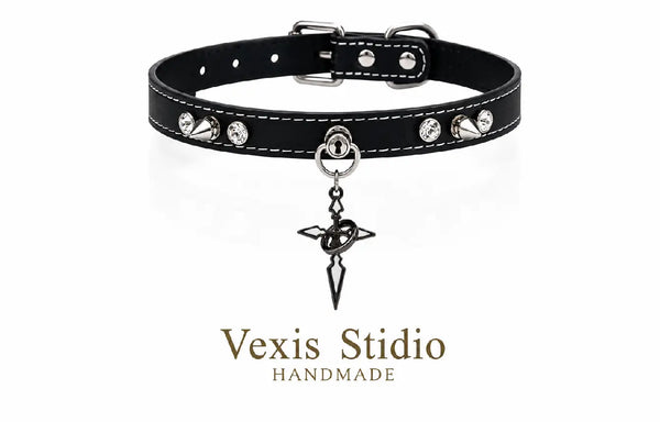 Spiked Cross Leather Choker Necklace