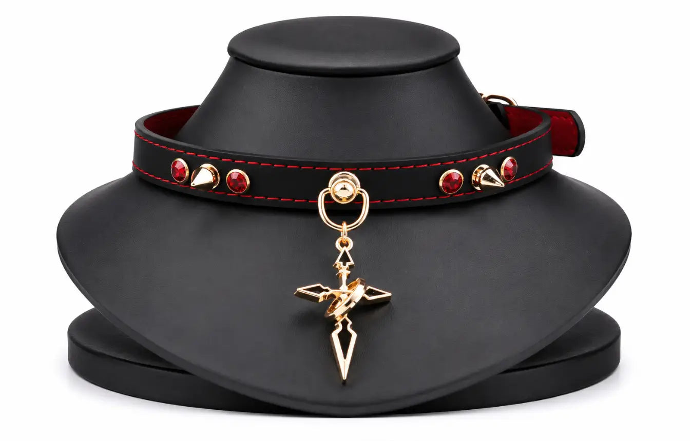 Spiked Cross Leather Choker Necklace