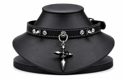 Spiked Cross Leather Choker Necklace