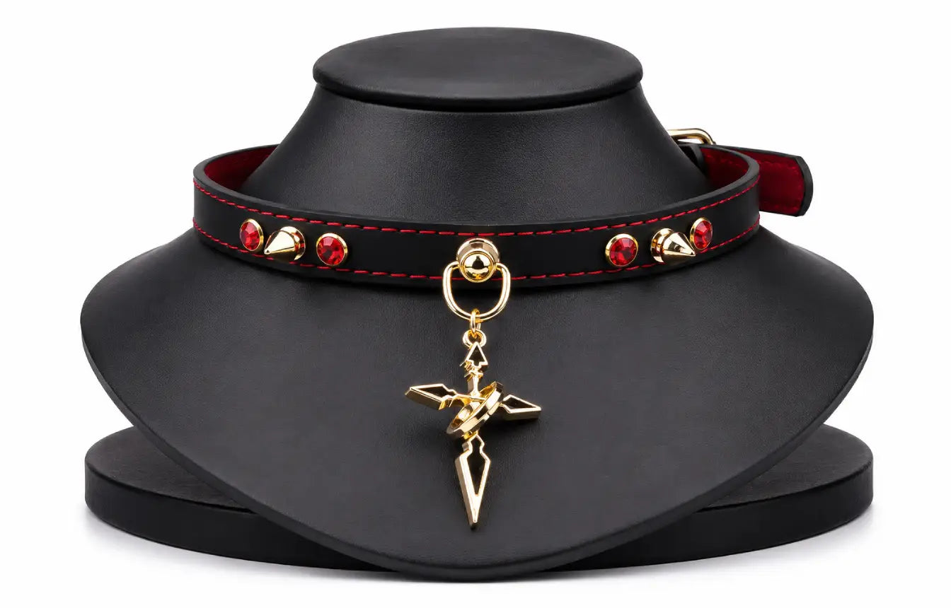 Spiked Cross Leather Choker Necklace