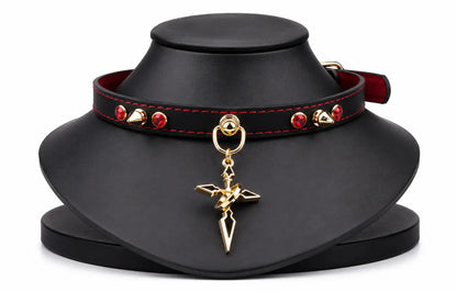 Spiked Cross Leather Choker Necklace