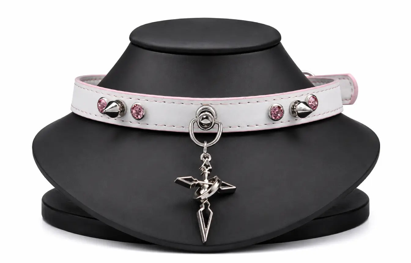 Spiked Cross Leather Choker Necklace