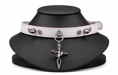 Spiked Cross Leather Choker Necklace